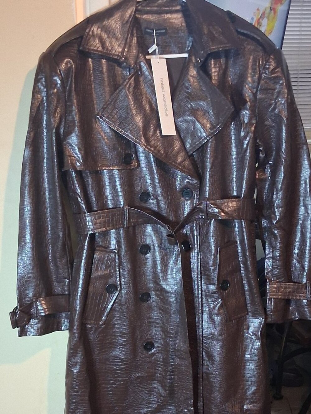 NWT naked wardrobe Chocolate Crocodile Vegan Leather Trench Coat with Tag Size S - Picture 4 of 9